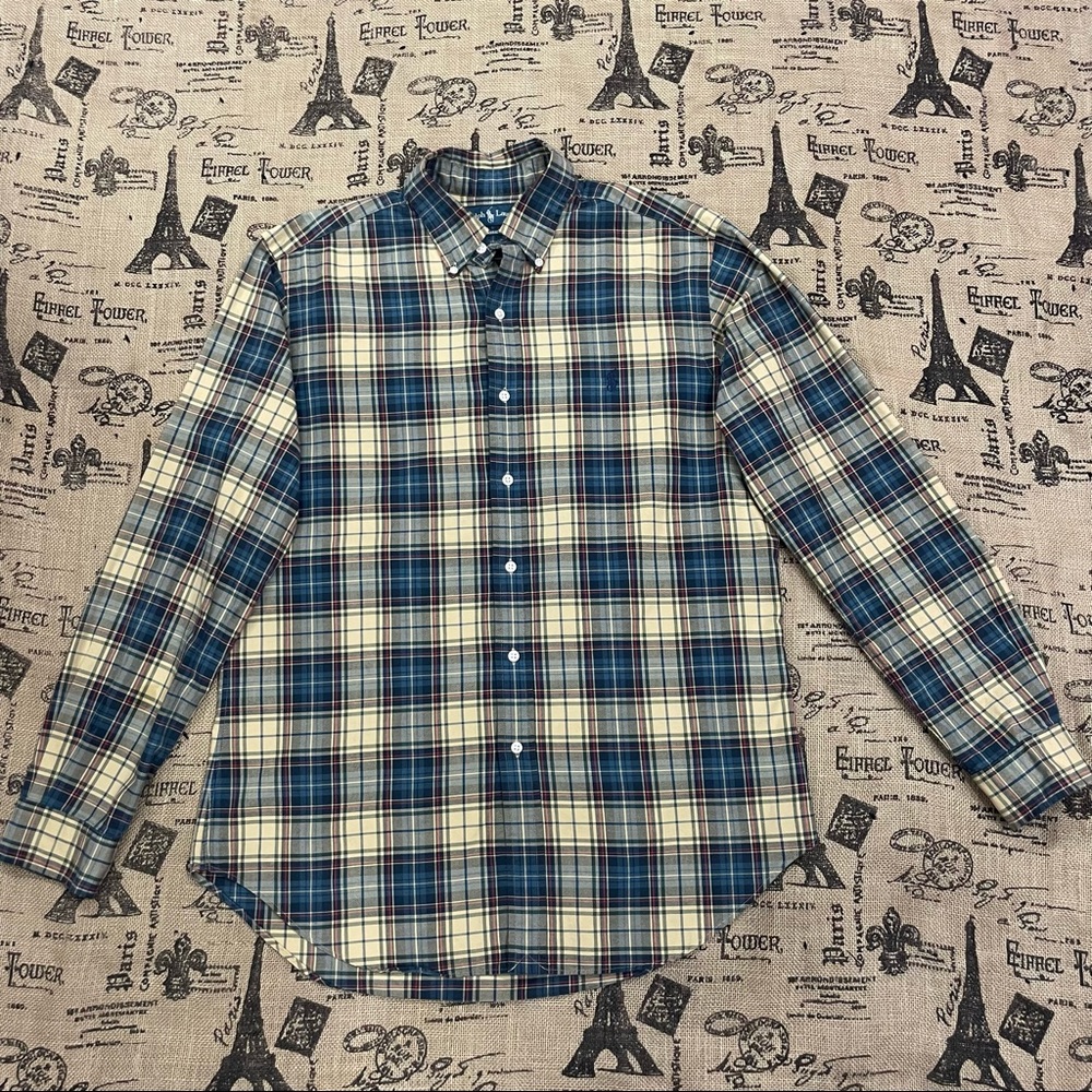 Ralph Lauren Classic Fit Cream/Blue Plaid Long Sleeve Button Down Shirt Size M